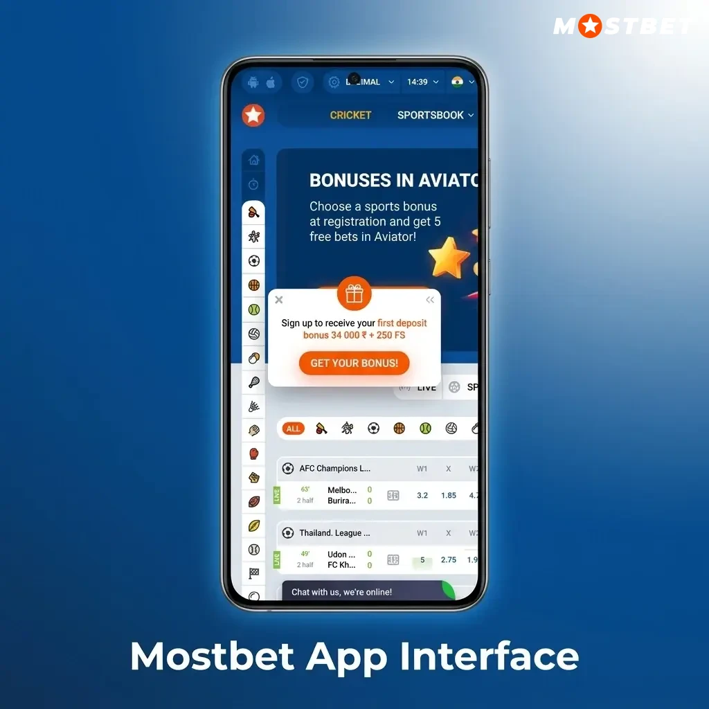 Mostbet app interface showing sports markets, casino games and account controls on mobile screen
